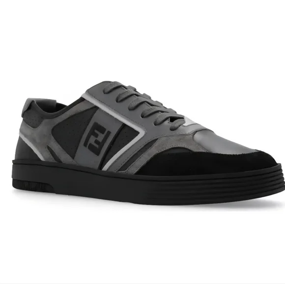 $990 Fendi Step FF Logo Embr Leather Sneakers Black & Gray EU 43 UK 9 US 10 BNIB